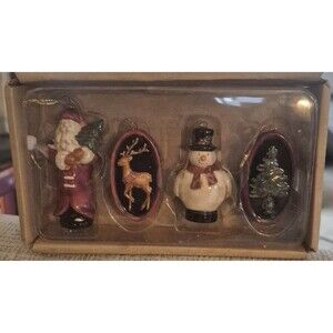 Set Of 4 Handpainted Porcelain Christmas Ornaments  Santa Reindeer Snowman Tree